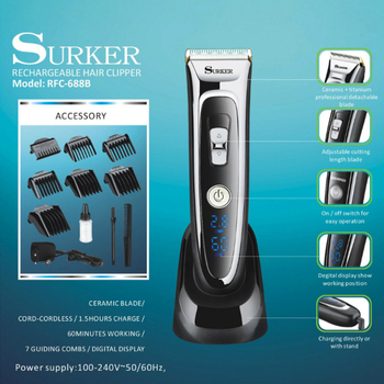 Μηχανή κοπής μαλλιών Surker/Xuke με κεραμική λεπίδα, κινητήρας με βούρτσες, αδιάβροχη, ενσωματωμένη μπαταρία 500-800 mAh, επαναφορτιζόμενη/τροφοδοσία με καλώδιο, βάση περιλαμβάνεται