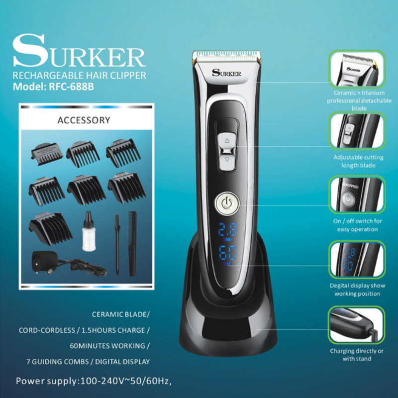 Μηχανή κοπής μαλλιών Surker/Xuke με κεραμική λεπίδα, κινητήρας με βούρτσες, αδιάβροχη, ενσωματωμένη μπαταρία 500-800 mAh, επαναφορτιζόμενη/τροφοδοσία με καλώδιο, βάση περιλαμβάνεται