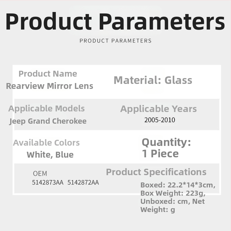 Sklo vonkajšieho spätného zrkadla pre Jeep Grand Cherokee 05-10 – ploché zrkadlo, dielové čísla 5142873AA 5142872AA