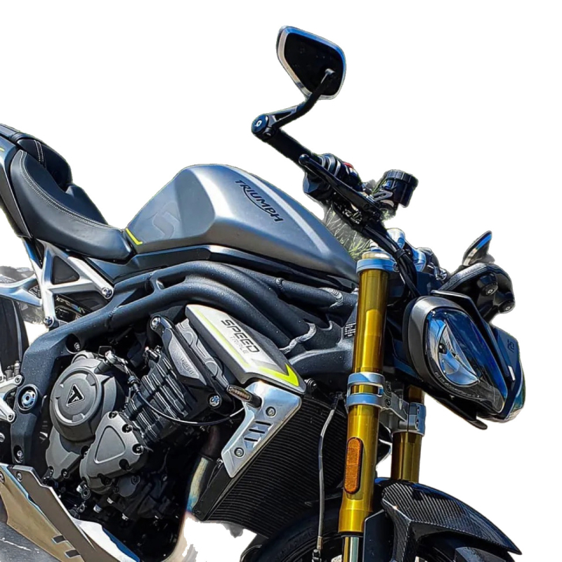 Aluminijski kvadratni retrovizor za Triumph Street Triple 660/765RS, montaža: ortodontska; Materijal: aluminij; Vrsta ogledala: kvadratno; Otpornost na tresanje: visoka