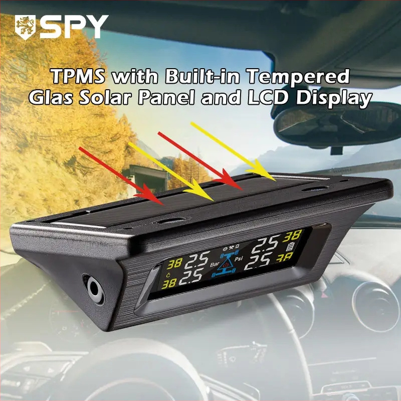 TPMS sustav za praćenje tlaka u gumama s LCD zaslonom, četiri vanjska bežična solarna senzora, kompaktni dizajn, raspon tlaka 0-3.5 bar, magnetska baza s 360° rotacijom
