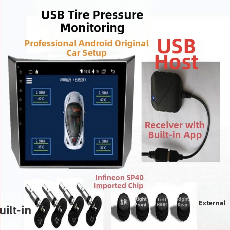 Auto USB TPMS sustav za praćenje tlaka u gumama s Android navigacijom, bežični monitor tlaka s ugrađenim mjerenjem tlaka