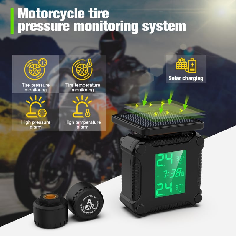 Sistem za nadzor tlaka u gumama motocikla s digitalnim zaslonom, USB/solarna napajanje, visokoprecizan senzor, model M8, raspon tlaka 0–6 bar