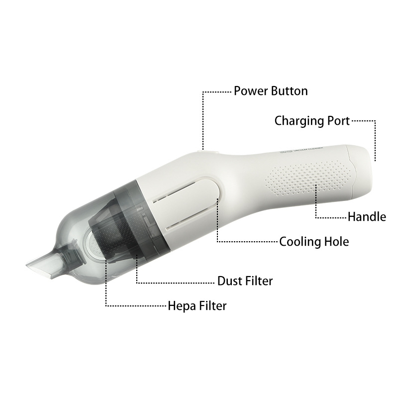 Bežični ručni usisavač za automobil s brushless motorom, ugrađena baterija 2000–2500 mAh, USB punjenje, 65 W, usis 5–10 kPa