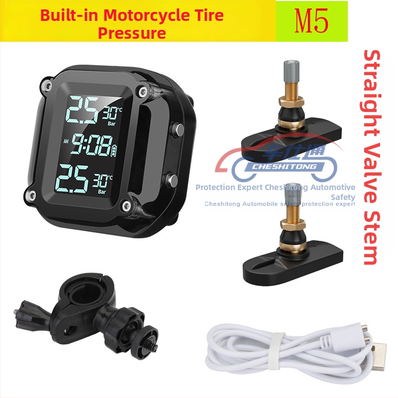 TPMS pre motocykel s integrovaným senzorom, model M5, digitálny displej, rozsah tlaku 0-6.5 bar, systém monitorovania tlaku v pneumatikách