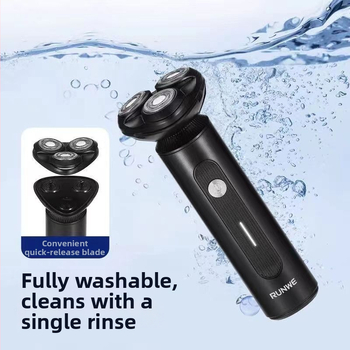 RUNWE aparat de ras electric cu cap de tăiere plutitor, cap rotativ cu 3 lame, corp complet lavabil, autonomie 30–45 minute, putere maximă 3W