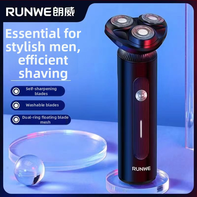 RUNWE aparat de ras electric cu cap de tăiere plutitor, cap rotativ cu 3 lame, corp complet lavabil, autonomie 30–45 minute, putere maximă 3W