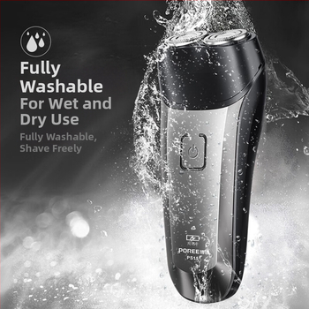 Férfiaknak szánt elektromos borotva, vízálló, teljes test mosására, forgó fejű, két pengével, beépített 300–500 mAh akkumulátor, kefés motor, akár 60 perc üzemidő