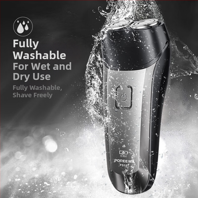 Férfiaknak szánt elektromos borotva, vízálló, teljes test mosására, forgó fejű, két pengével, beépített 300–500 mAh akkumulátor, kefés motor, akár 60 perc üzemidő