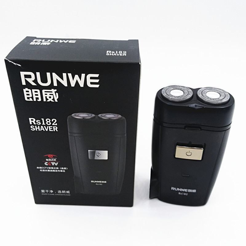 Runwe RS182 електрическа самобръсначка с ротационна глава и две ножчета, презареждаща се, плаваща глава, време за работа 30–45 минути, максимална мощност 2 W, не се мие с вода