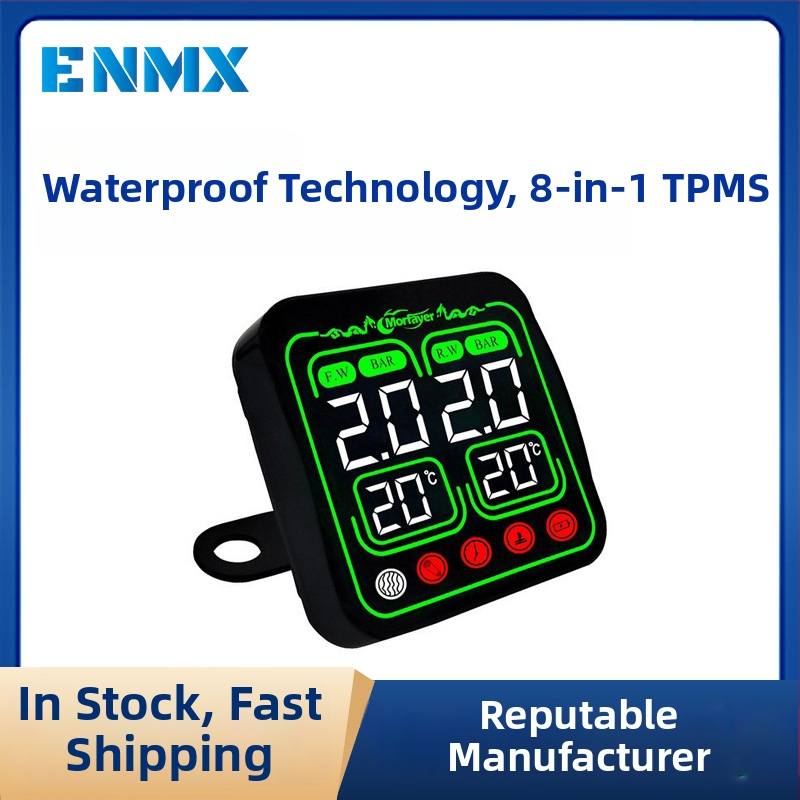 Osem v jednom TPMS pre motocykle — externý monitor tlaku, digitálny displej, vysoká presnosť merania tlaku, kompatibilný so 12V, model Yl-m6363, monitorovanie teploty vody a vzduchu