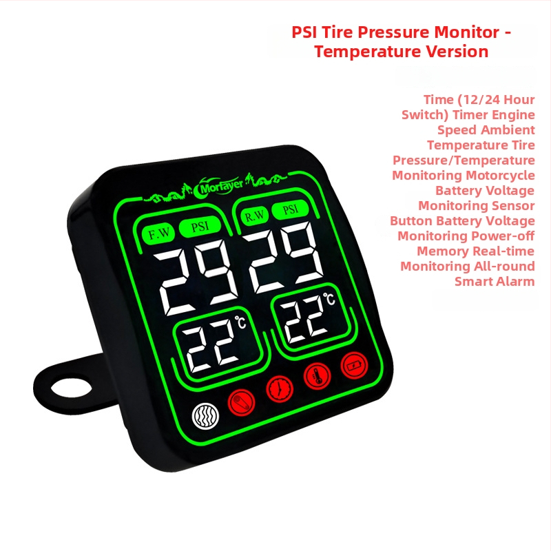 Osem v jednom TPMS pre motocykle — externý monitor tlaku, digitálny displej, vysoká presnosť merania tlaku, kompatibilný so 12V, model Yl-m6363, monitorovanie teploty vody a vzduchu