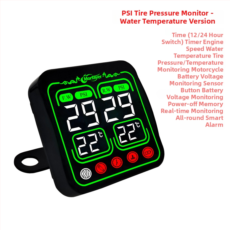 Osem v jednom TPMS pre motocykle — externý monitor tlaku, digitálny displej, vysoká presnosť merania tlaku, kompatibilný so 12V, model Yl-m6363, monitorovanie teploty vody a vzduchu