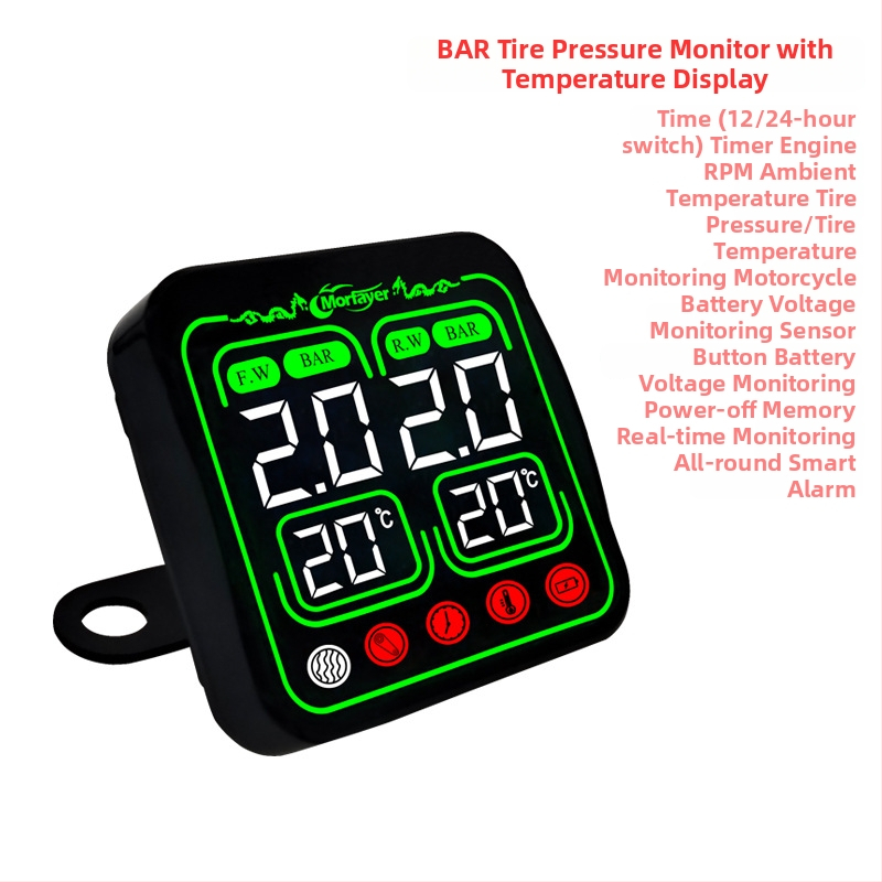 Osem v jednom TPMS pre motocykle — externý monitor tlaku, digitálny displej, vysoká presnosť merania tlaku, kompatibilný so 12V, model Yl-m6363, monitorovanie teploty vody a vzduchu