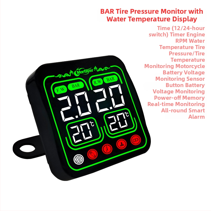 Osem v jednom TPMS pre motocykle — externý monitor tlaku, digitálny displej, vysoká presnosť merania tlaku, kompatibilný so 12V, model Yl-m6363, monitorovanie teploty vody a vzduchu