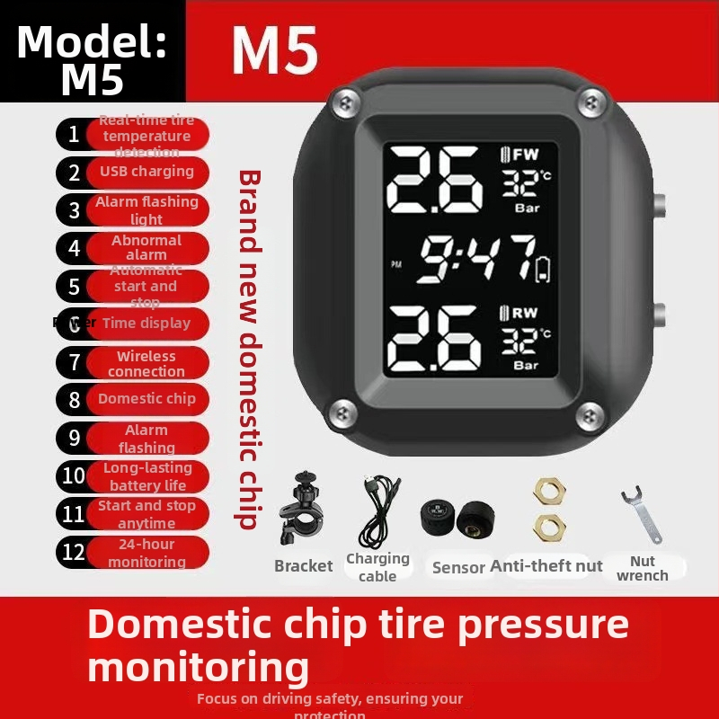 Systém monitorovania tlaku v pneumatikách motocyklu, slnečný bezdrôtový externý monitor, model M7, digitálny displej, rozsah 0.1–6 bar