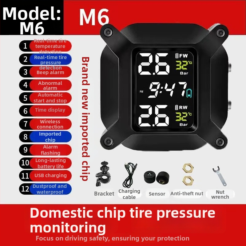 Systém monitorovania tlaku v pneumatikách motocyklu, slnečný bezdrôtový externý monitor, model M7, digitálny displej, rozsah 0.1–6 bar