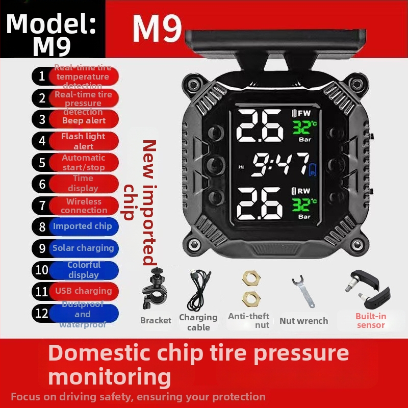 Systém monitorovania tlaku v pneumatikách motocyklu, slnečný bezdrôtový externý monitor, model M7, digitálny displej, rozsah 0.1–6 bar