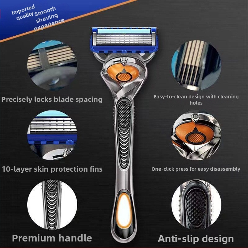 Ručný holiaci strojček s päťvrstvovou rúčkou, samostatný držiak na čepele, na holenie podpazušia a nôh, krabica 500 kusov