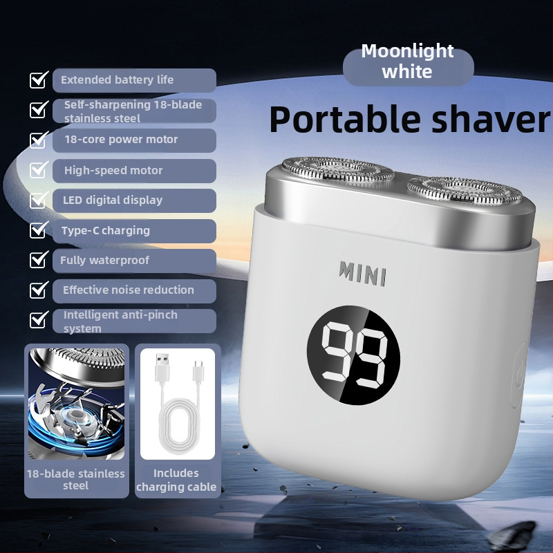 Električni mini brijač, punjivi, vodootporan i potpuno periv, putni, s LED zaslonom, rotirajuća glava s više od 4 elementa, brushless motor, ugrađena baterija 300–500 mAh, niska buka <36 dB