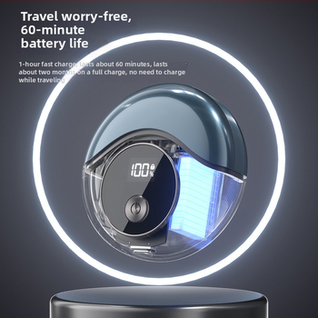 Električni brijač za muškarce, putni model, rotativna glava s dvije oštrice, mokro i suho brijanje, ugrađena baterija 500–800 mAh, vrijeme rada 40–60 minuta, vrijeme punjenja 1 sat, LED zaslon