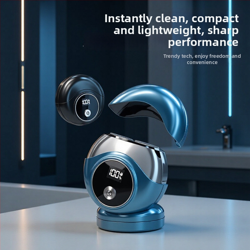 Električni brijač za muškarce, putni model, rotativna glava s dvije oštrice, mokro i suho brijanje, ugrađena baterija 500–800 mAh, vrijeme rada 40–60 minuta, vrijeme punjenja 1 sat, LED zaslon