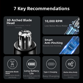 Elektrický zastrihávač nosových chĺpkov, nerezová oceľ, dobíjateľný, umývateľná hlavica, vstavaná batéria 100–300 mAh, výdrž batérie nad 15 dní