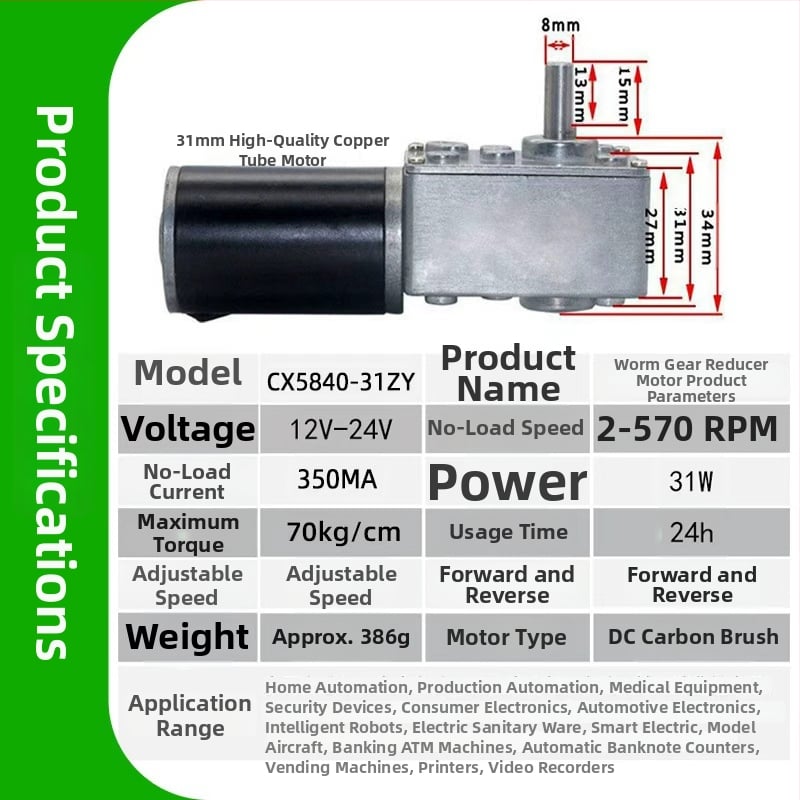 Motor micro DC cu perii, reductor melcat, 12V/24V DC, cuplu înalt 5840, reglare viteză, blocare automată