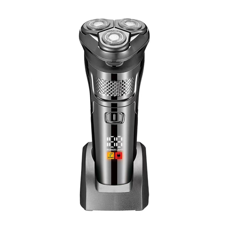 Férfiak számára elektromos borotva lebegő háromfejű forgó fejjel, teljes testre mosható, LED kijelző, beépített 500–800 mAh akkumulátor, hordozható