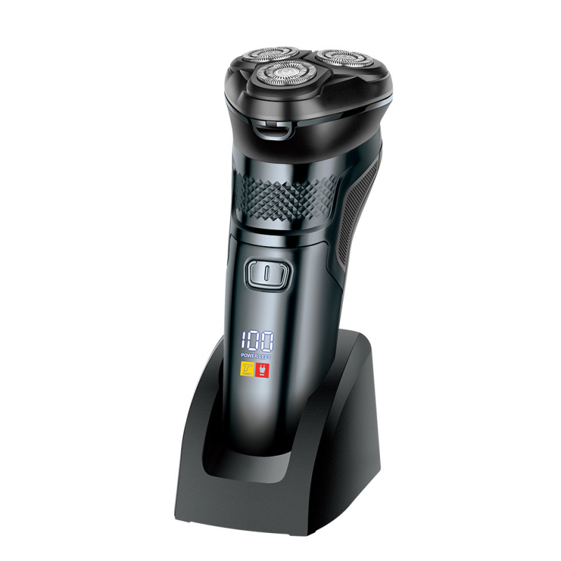 Férfiak számára elektromos borotva lebegő háromfejű forgó fejjel, teljes testre mosható, LED kijelző, beépített 500–800 mAh akkumulátor, hordozható