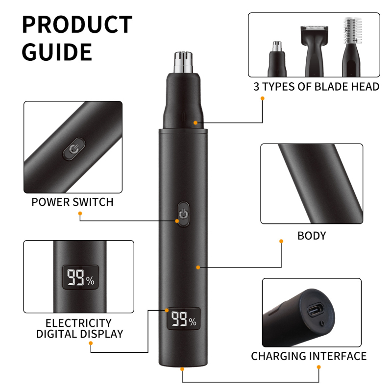 Električni trimer za nosne dlake, 3-u-1 muški grooming set, USB-C punjenje, nehrđajući čelik, vodootporan, ugrađena baterija 100–300 mAh