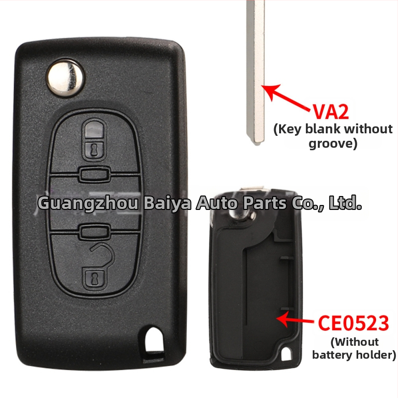 Pouzdro na kľúč Peugeot Citroën sklápací, kompatibilný s 2-kľúčom/3-kľúčom, bez diaľkového ovládania, čepeľ kľúča: meď+plast, puzdro: plast, hmotnosť 42 g