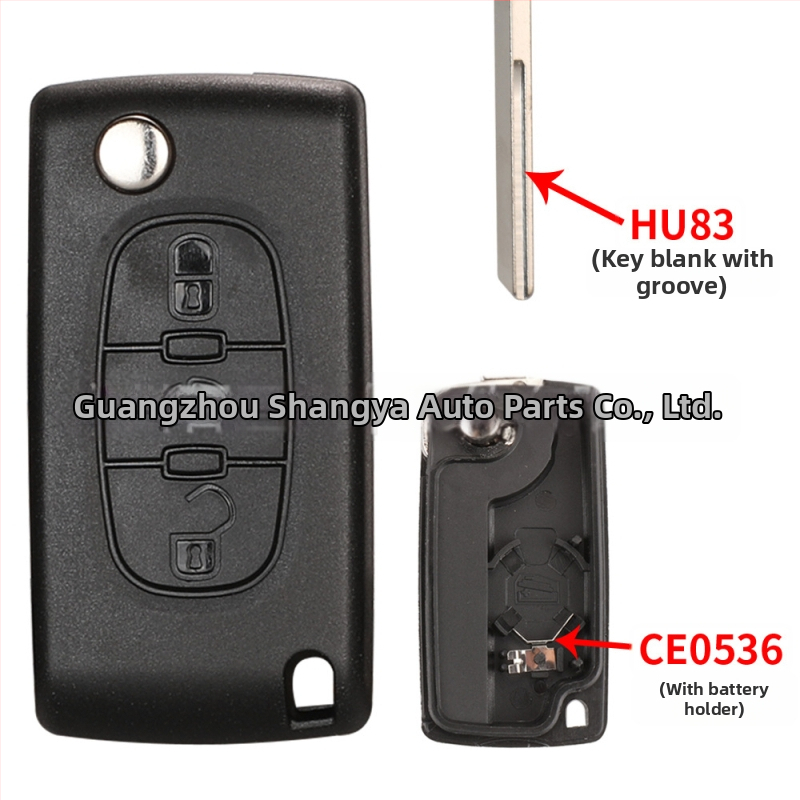 Pouzdro na kľúč Peugeot Citroën sklápací, kompatibilný s 2-kľúčom/3-kľúčom, bez diaľkového ovládania, čepeľ kľúča: meď+plast, puzdro: plast, hmotnosť 42 g