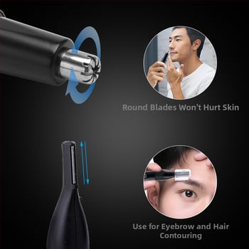 3‑az‑1-ben orr-szőrzet-trimmel, borotva és szemöldök-trimmel, újratölthető, beépített 500–800 mAh akkumulátor, üzemidő >7 nap, cserélhető mosható vágófej, ABS test