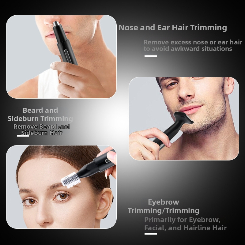 3‑az‑1-ben orr-szőrzet-trimmel, borotva és szemöldök-trimmel, újratölthető, beépített 500–800 mAh akkumulátor, üzemidő >7 nap, cserélhető mosható vágófej, ABS test