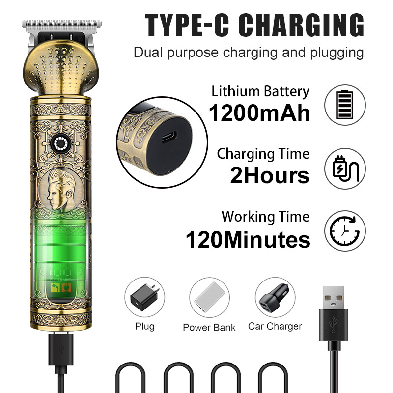 Trimer za nosne dlake i električni brijač za kosu – ugrađena baterija 1000–1200 mAh, trajanje 1–3 h, zamjenjive, perive oštrice od nehrđajućeg čelika, četkasti motor