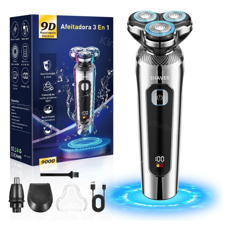 Električni brijač s plutajućom glavom od tri oštrice, potpuno periv, LED zaslon, USB punjenje, ugrađena baterija 500–800 mAh, trajanje 45–60 minuta, vrijeme punjenja 2 sata