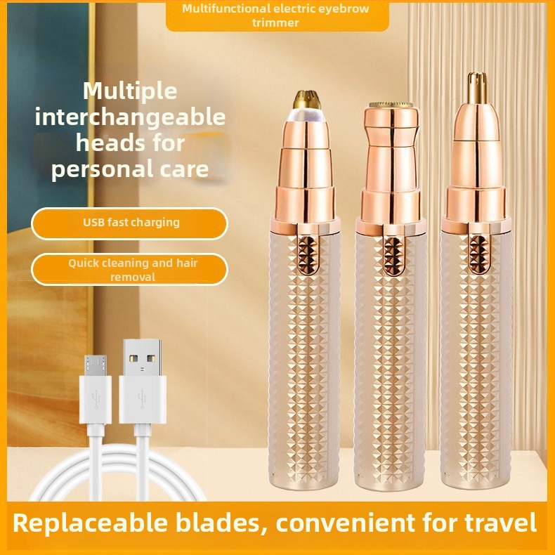 Електрически тример за вежди, нос и тяло с подвижна, миеща се глава — ABS, USB захранване, тегло 64 g