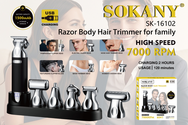 SOKANY 16102 6-in-1 hajvágó és arcszőrzet-trimmer, USB újratöltő, rozsdamentes acél pengék, leválasztható fej, víz alatti tisztítás