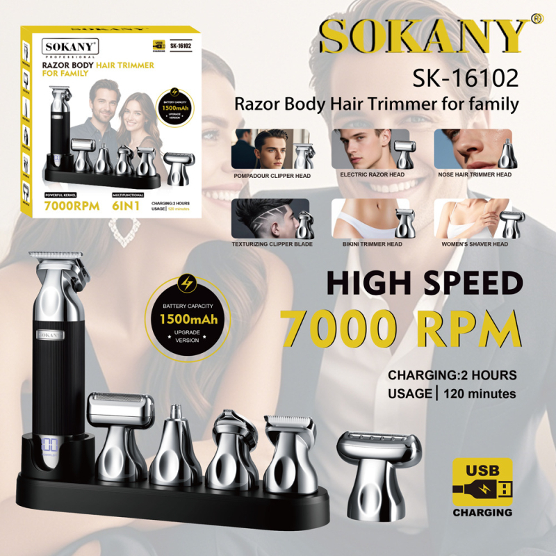 SOKANY 16102 6-in-1 hajvágó és arcszőrzet-trimmer, USB újratöltő, rozsdamentes acél pengék, leválasztható fej, víz alatti tisztítás