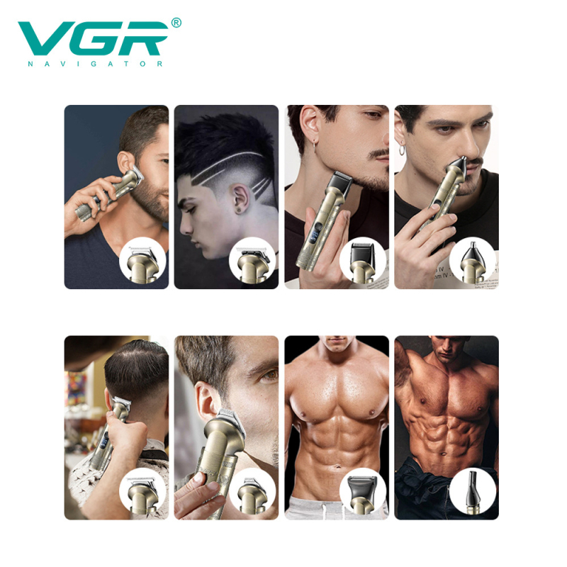 VGR Nyolc az egyben hajvágó készlet otthoni használatra, kettős működtetésű áramellátás (töltés és akkumulátoron való működés), kefés motor, rozsdamentes acél vágófej, beépített akkumulátor 1000–1200 mAh, üzemidő 1–3 óra