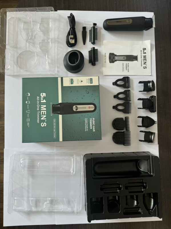 5 az 1-ben multi-funkciós testszőrzet-trimmelő, újratölthető, vízálló, rozsdamentes acél pengék, 800–1000 mAh akkumulátor, 1–3 órás üzemidő