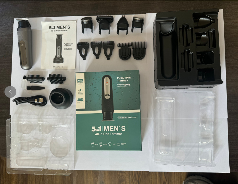 5 az 1-ben multi-funkciós testszőrzet-trimmelő, újratölthető, vízálló, rozsdamentes acél pengék, 800–1000 mAh akkumulátor, 1–3 órás üzemidő