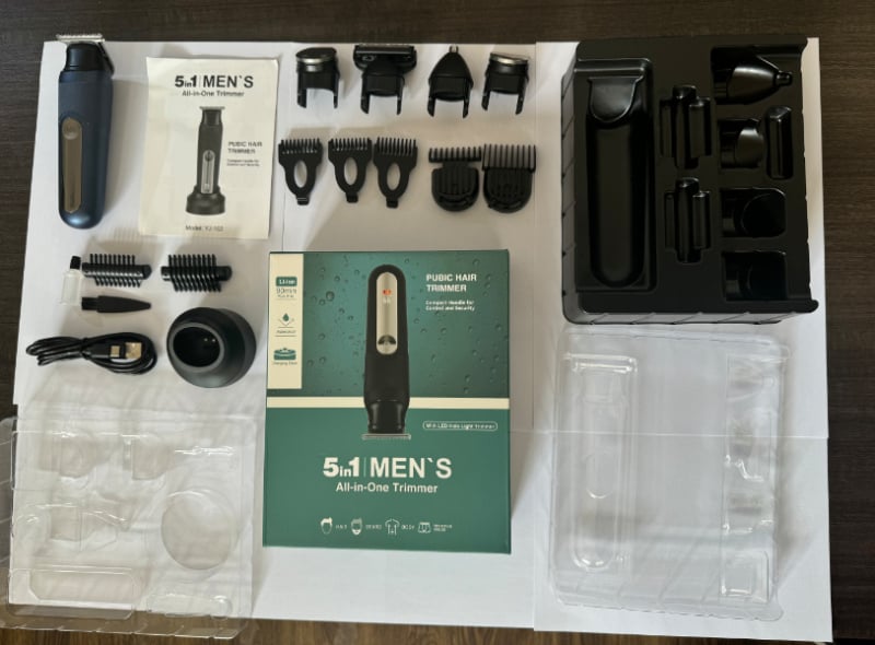 5 az 1-ben multi-funkciós testszőrzet-trimmelő, újratölthető, vízálló, rozsdamentes acél pengék, 800–1000 mAh akkumulátor, 1–3 órás üzemidő
