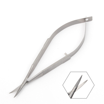 Mikroszkópos szemészeti olló lapos markolattal szaruhártya műtéteihez, varratszedéshez és a szemzug vágásához