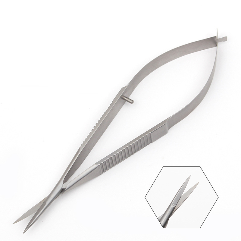 Mikroszkópos szemészeti olló lapos markolattal szaruhártya műtéteihez, varratszedéshez és a szemzug vágásához