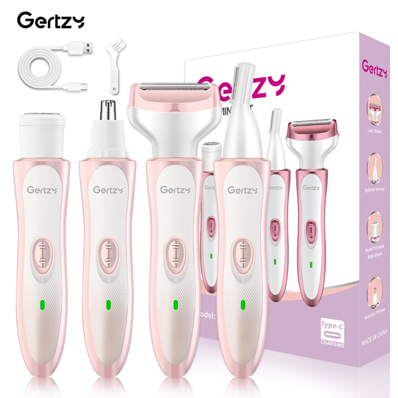 4-u-1 električni grooming set za žene: podrezivanje nosnih dlačica, obrva, bočnih dlačica i brijanje; punjiva ugrađena baterija 300–500 mAh; ABS materijal