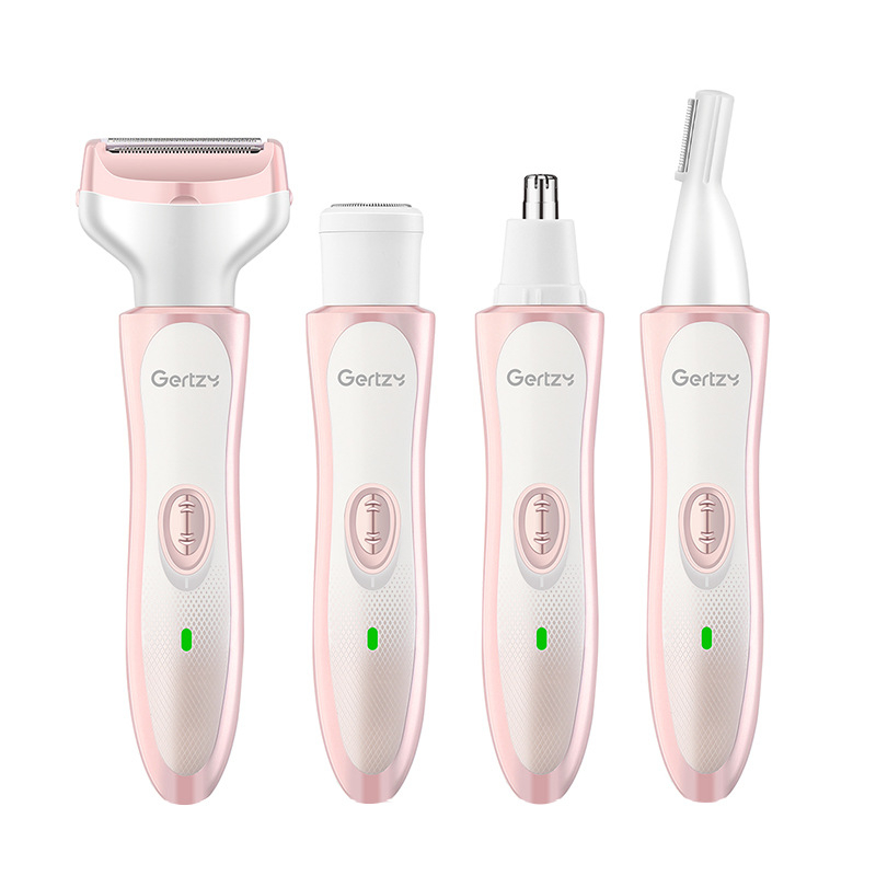 4-u-1 električni grooming set za žene: podrezivanje nosnih dlačica, obrva, bočnih dlačica i brijanje; punjiva ugrađena baterija 300–500 mAh; ABS materijal
