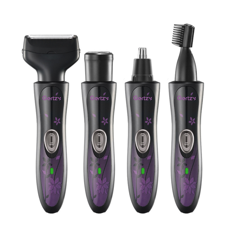 4-u-1 električni grooming set za žene: podrezivanje nosnih dlačica, obrva, bočnih dlačica i brijanje; punjiva ugrađena baterija 300–500 mAh; ABS materijal