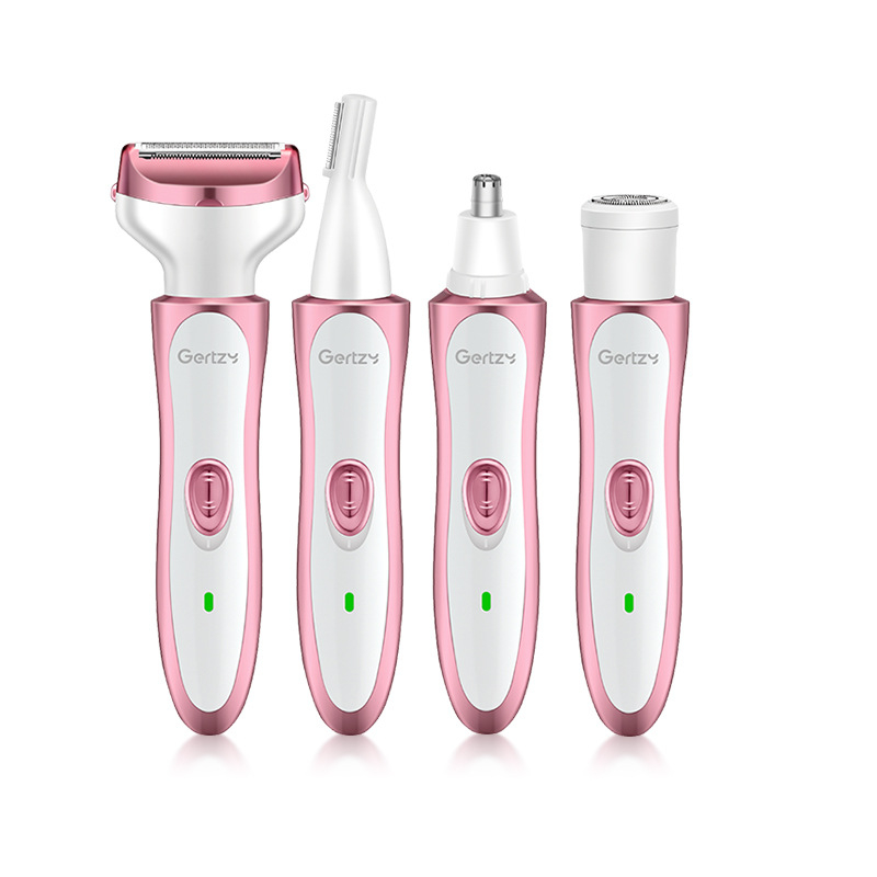4-u-1 električni grooming set za žene: podrezivanje nosnih dlačica, obrva, bočnih dlačica i brijanje; punjiva ugrađena baterija 300–500 mAh; ABS materijal